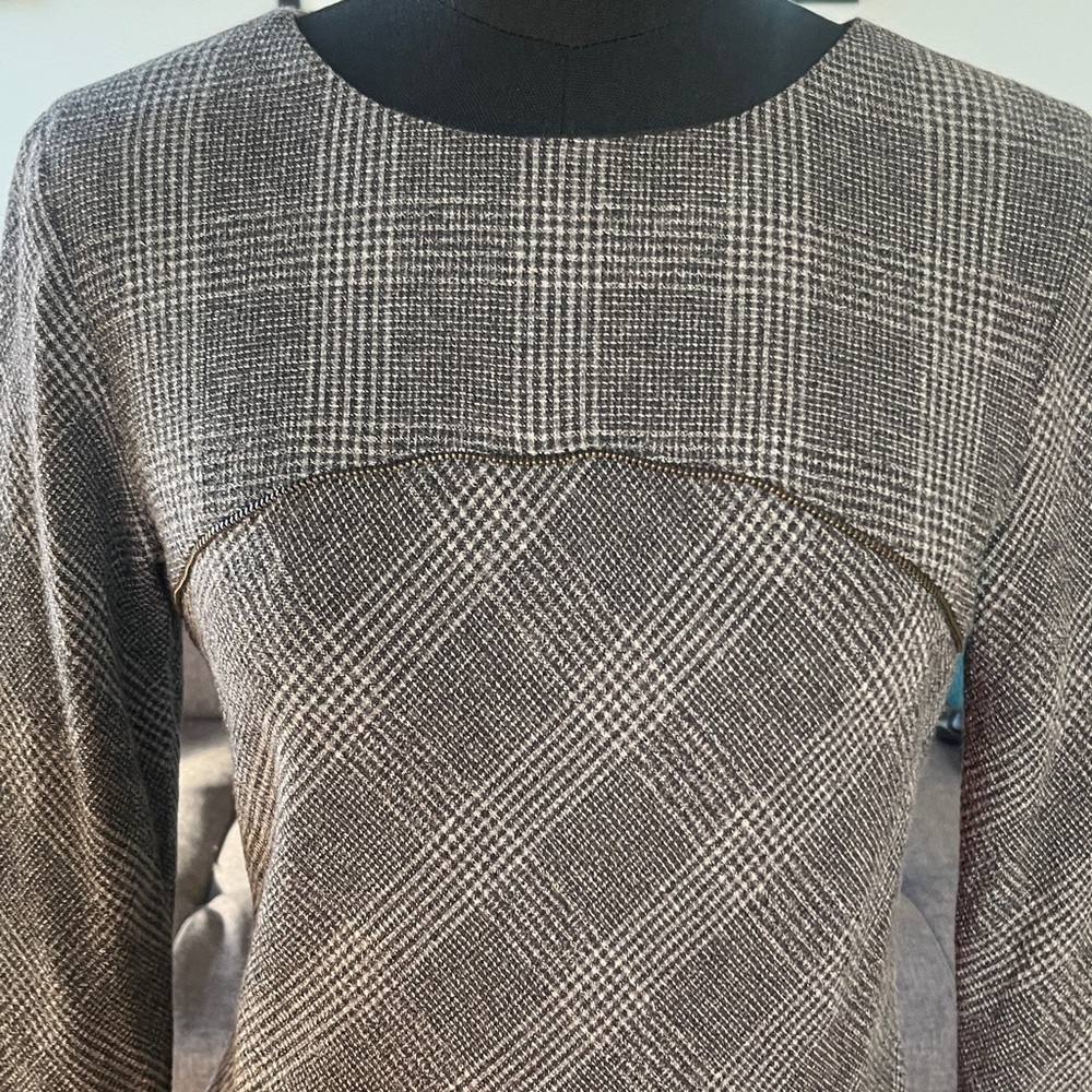 Peruvian Connection Charcoal Plaid Long Sleeve Dress Zipper Accents Size 2 - Picture 3 of 8